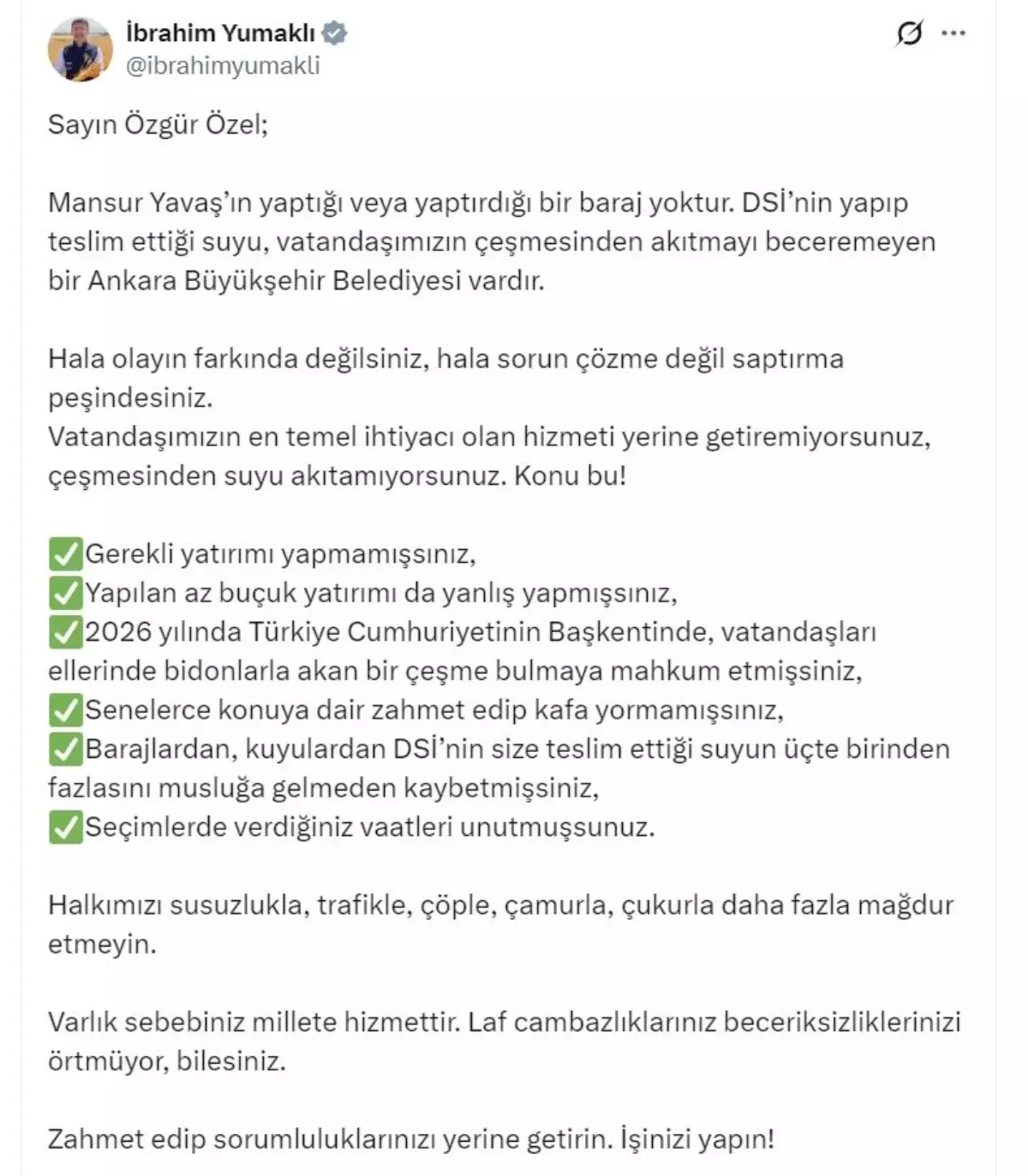 Bakan Yumaklı’dan Özgür Özel’e sert tepki: ‘Halkımızı daha fazla mağdur etmeyin’